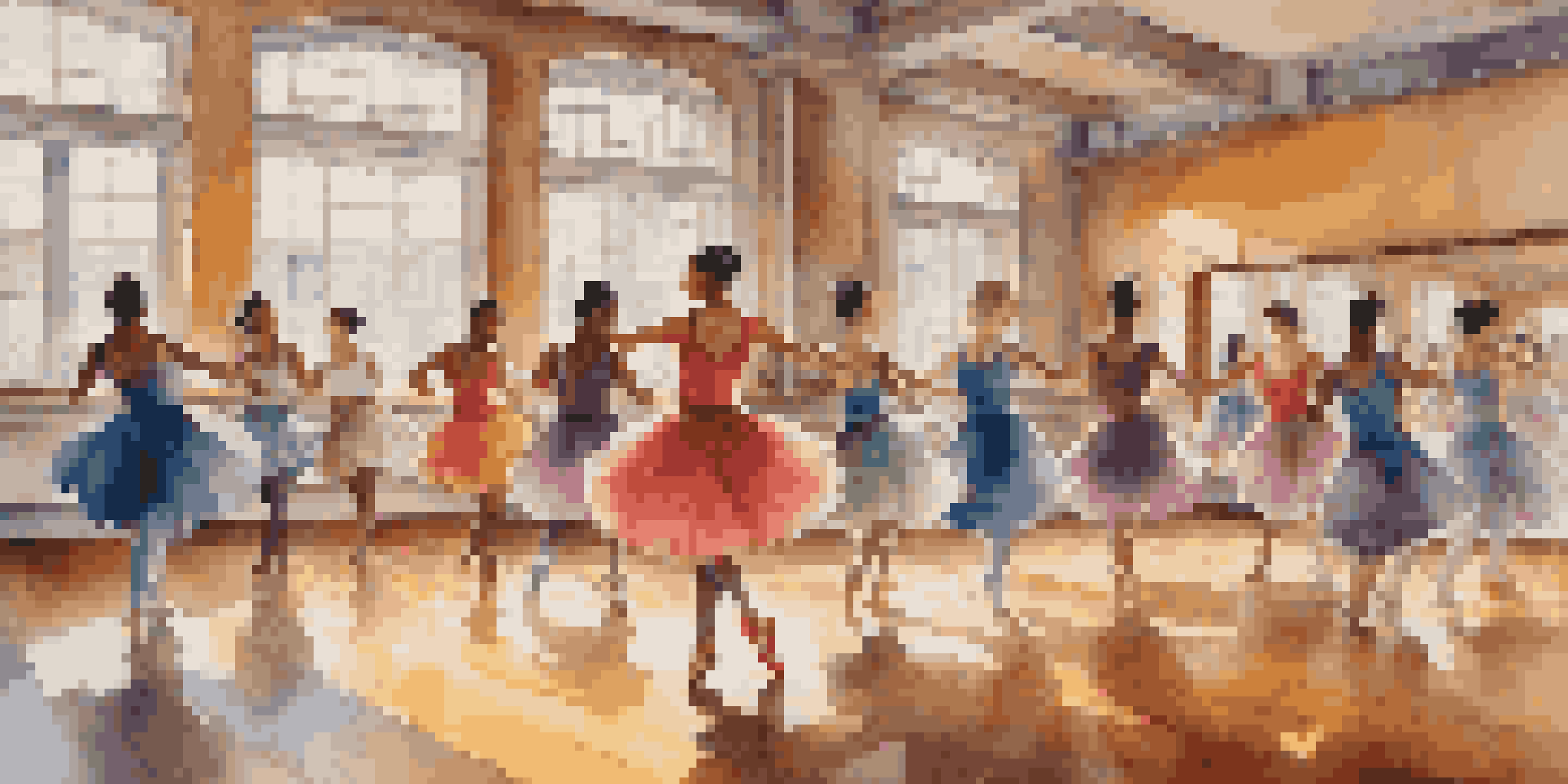 A lively dance studio with diverse dancers performing different styles, illuminated by natural light.