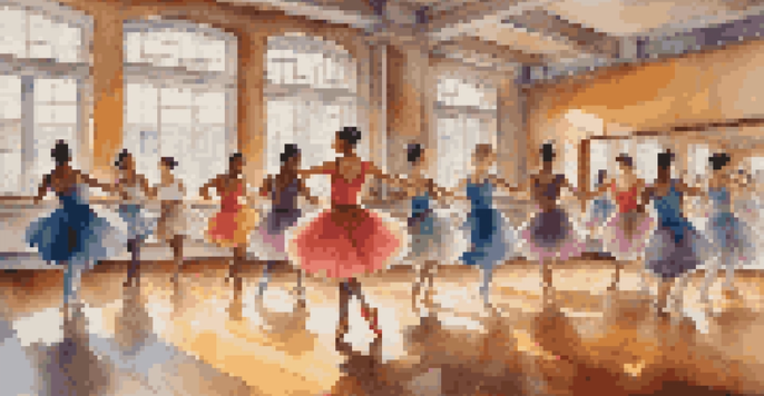 A lively dance studio with diverse dancers performing different styles, illuminated by natural light.