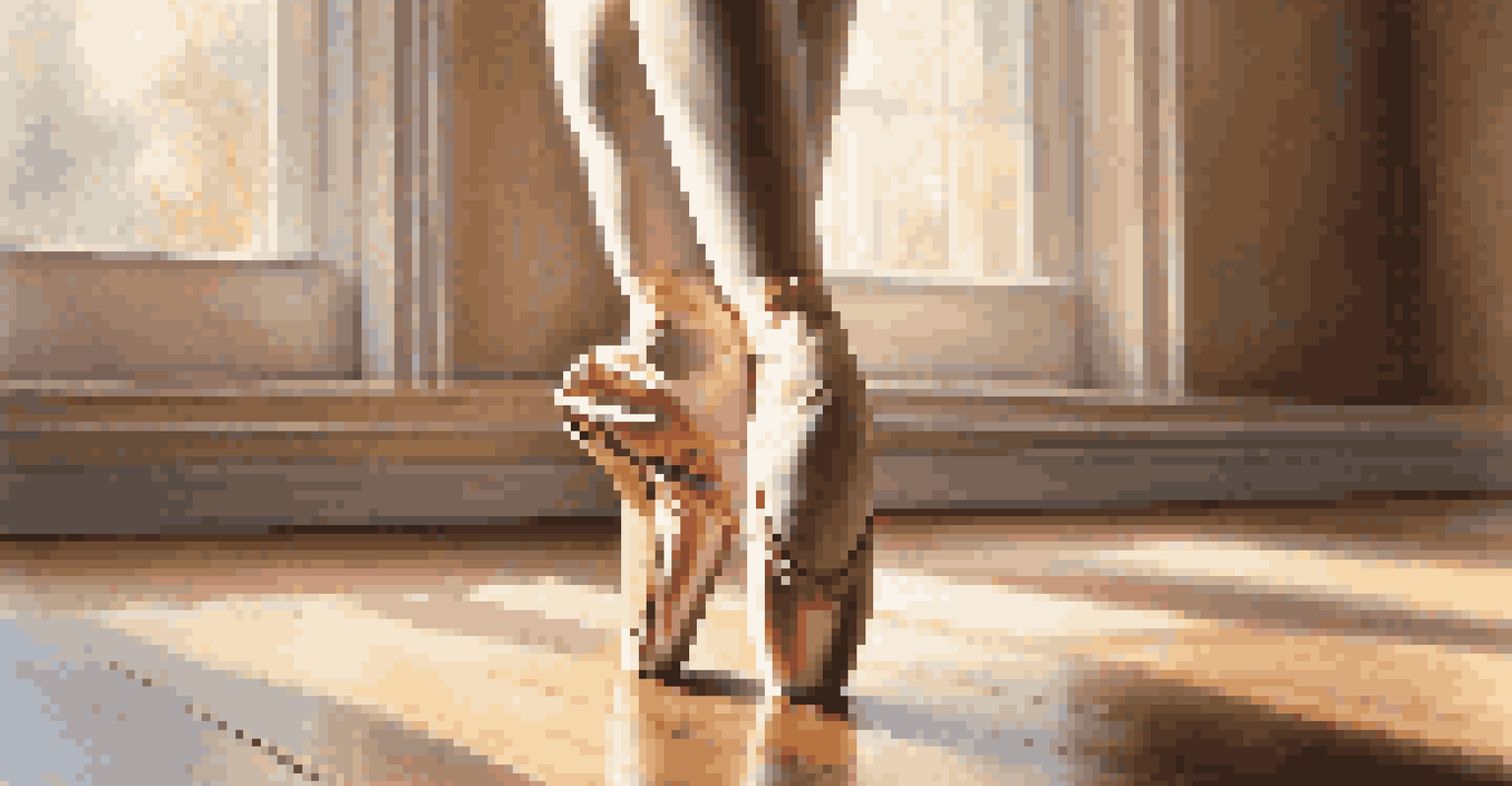 Close-up of a dancer's feet in pointe shoes on a wooden floor, showcasing the elegance of ballet.