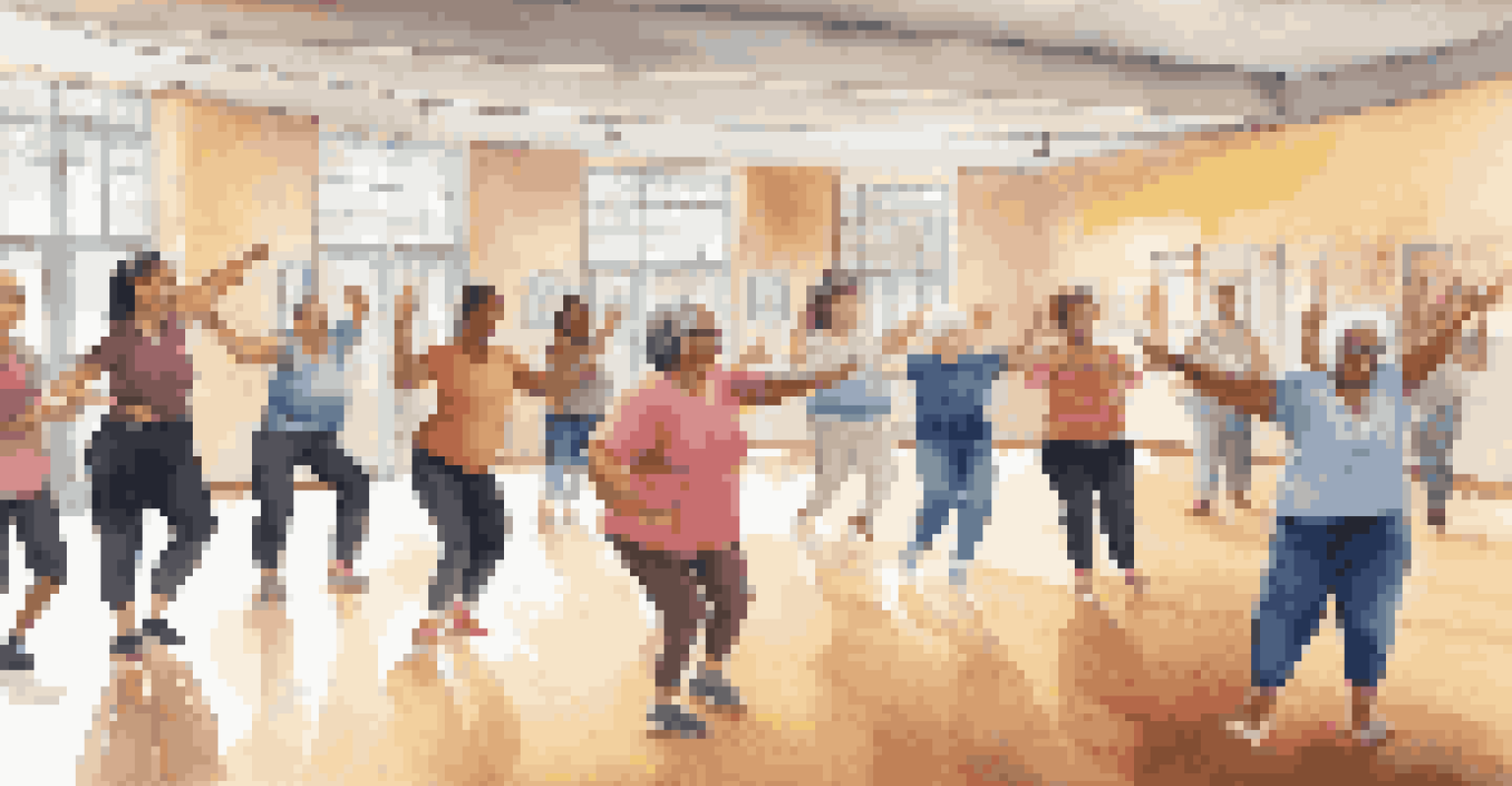 An inclusive dance class in a bright community center, with participants of various ages and abilities following an instructor demonstrating dance moves.
