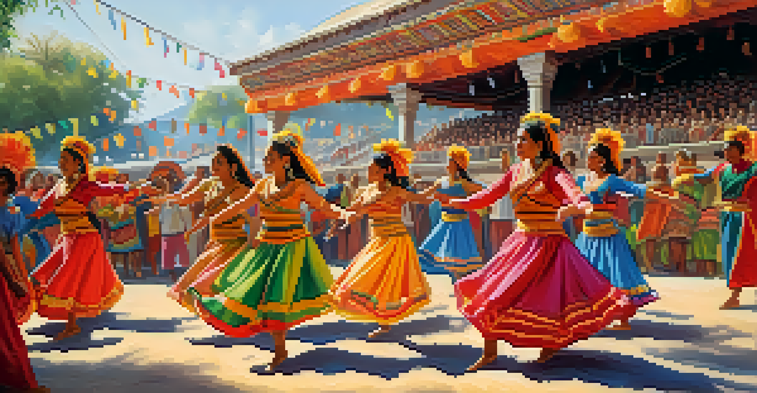 Dancers from different cultures performing traditional dances at an outdoor festival, surrounded by colorful costumes and decorations with an engaged audience.