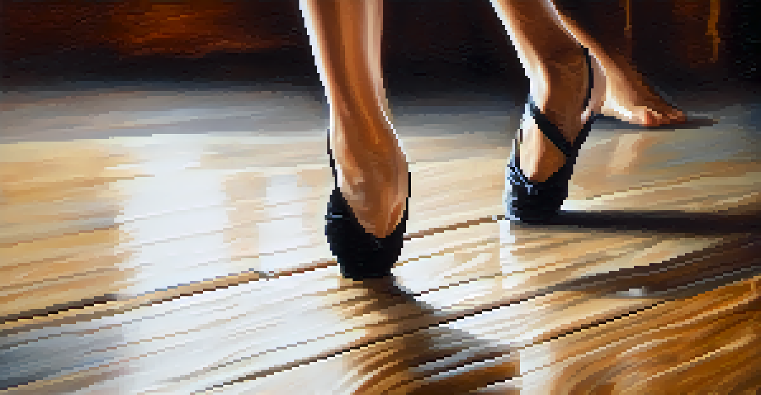 A close-up of a dancer's feet performing intricate footwork on a polished wooden floor.