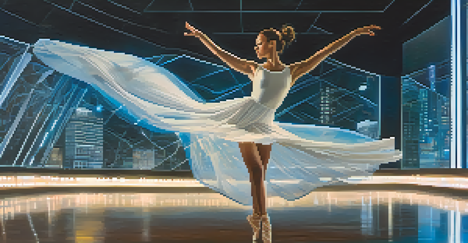A dancer in a futuristic setting wearing smart fabrics that light up with movement, highlighting the fusion of dance and technology.