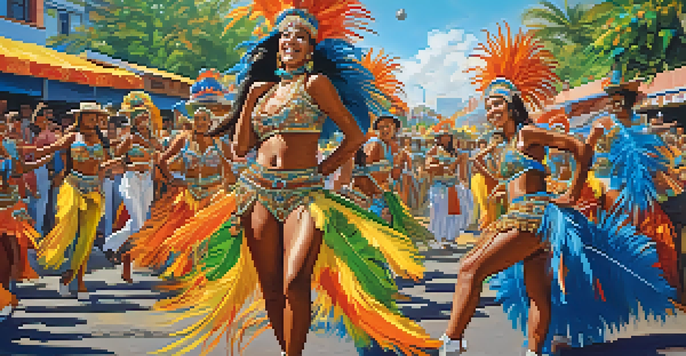 A lively street scene depicting Samba dancers in colorful costumes, surrounded by a joyful festival atmosphere.