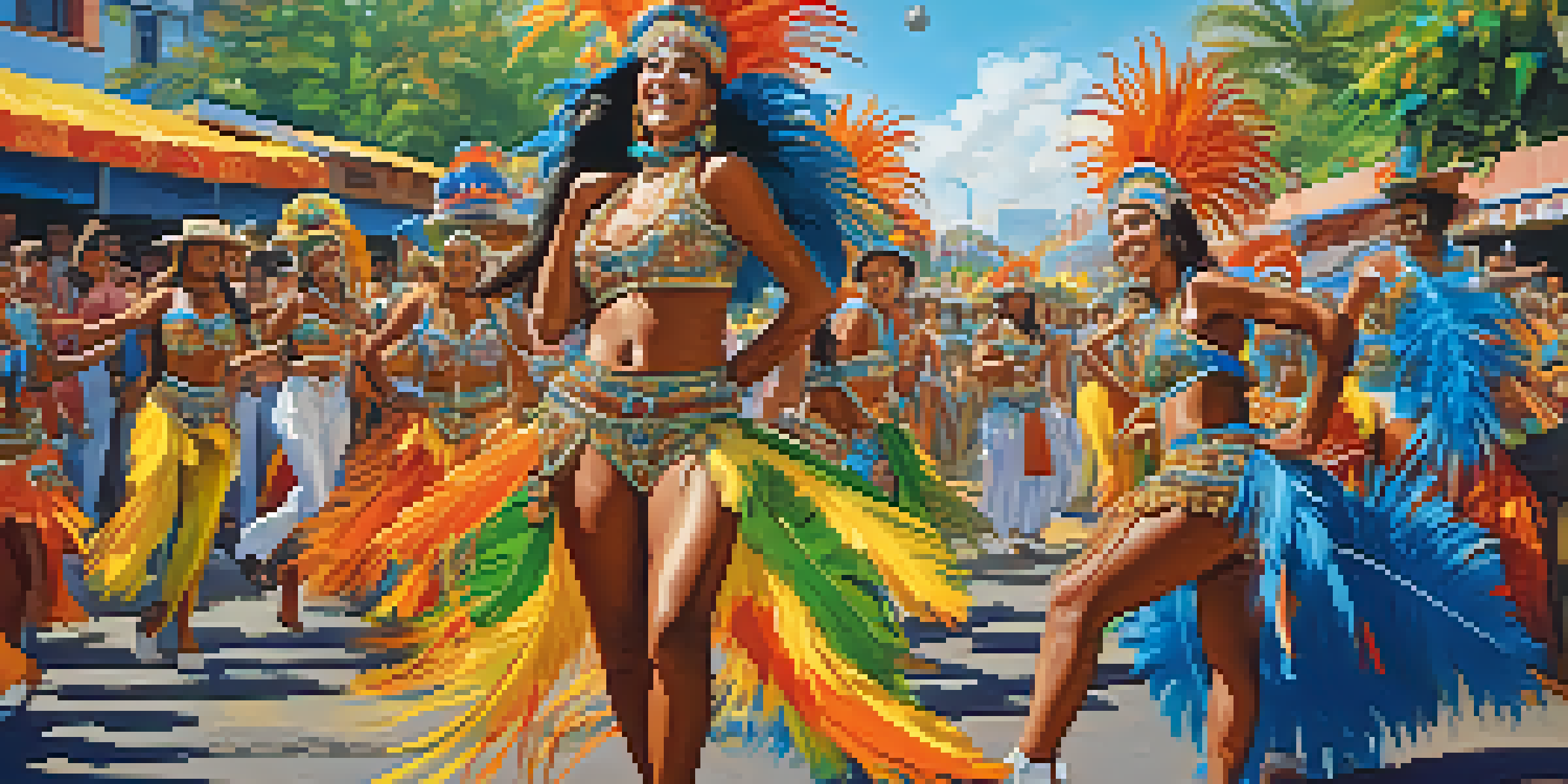 A lively street scene depicting Samba dancers in colorful costumes, surrounded by a joyful festival atmosphere.