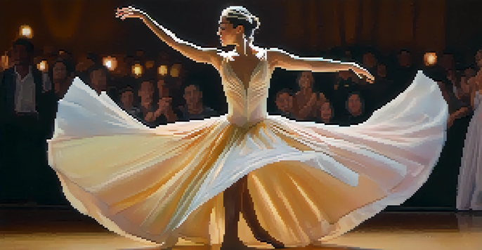 A contemporary dancer in a pastel-colored costume performing joyfully on stage, with warm lighting and a blurred audience in the background.