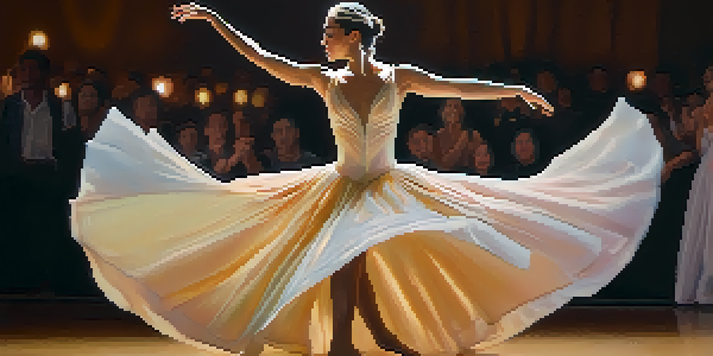 A contemporary dancer in a pastel-colored costume performing joyfully on stage, with warm lighting and a blurred audience in the background.