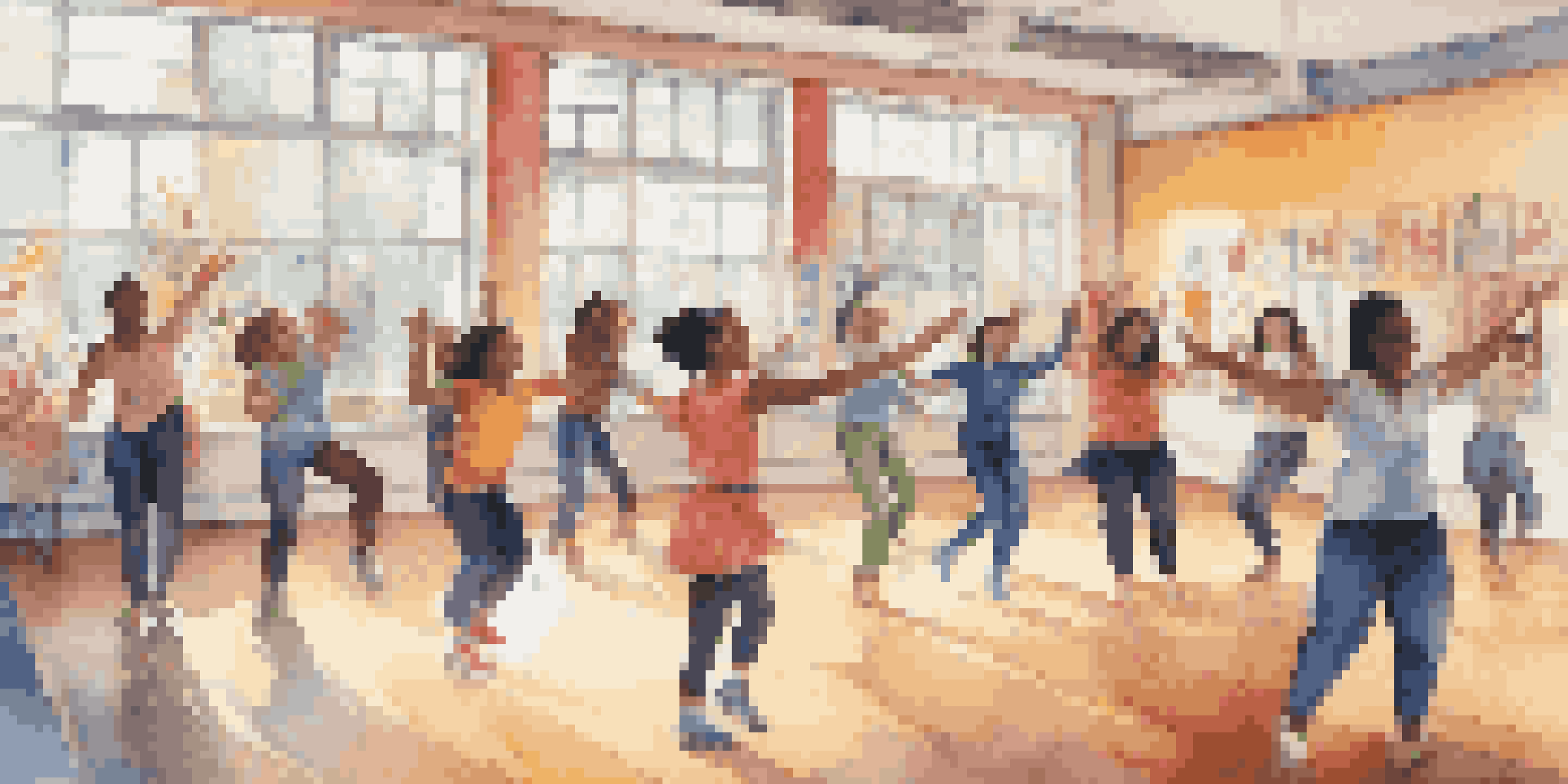 A diverse group of students engaged in a dance workshop in a bright classroom, showcasing various dance styles with a teacher guiding them.