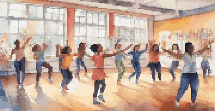 A diverse group of students engaged in a dance workshop in a bright classroom, showcasing various dance styles with a teacher guiding them.