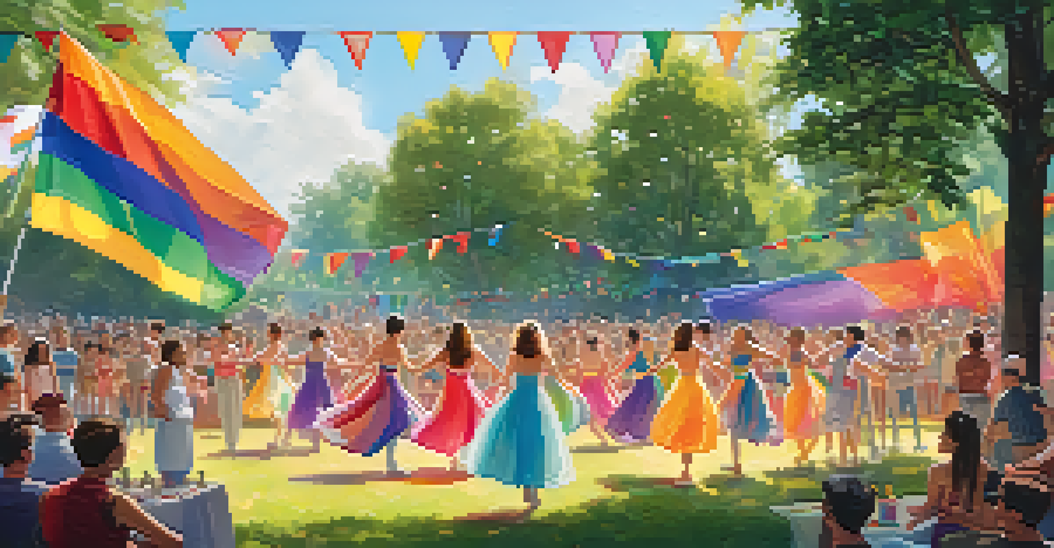 An outdoor dance performance during a pride celebration with dancers in bright costumes and rainbow flags.