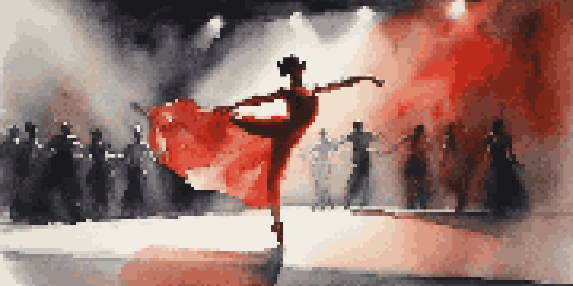 A dancer in a bright red costume leaps gracefully on a dark stage, illuminated by a spotlight, with a blurred audience in the background.