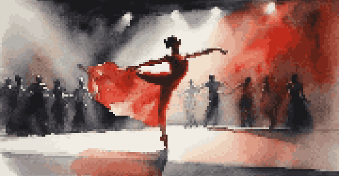 A dancer in a bright red costume leaps gracefully on a dark stage, illuminated by a spotlight, with a blurred audience in the background.