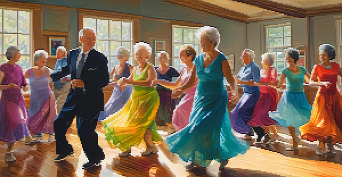 A group of seniors joyfully participating in a ballroom dance class, dressed in colorful attire and moving in pairs under bright natural light.