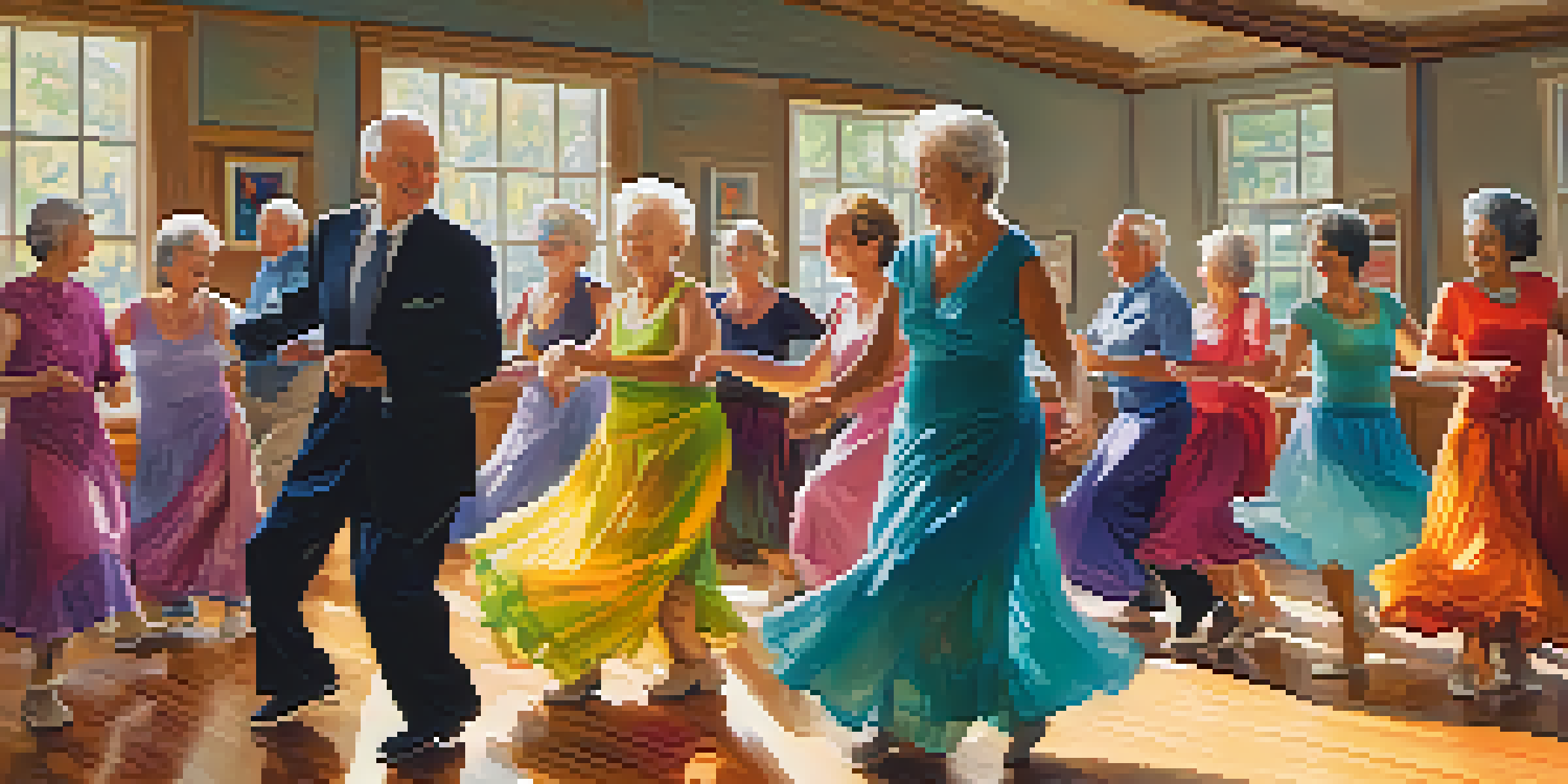A group of seniors joyfully participating in a ballroom dance class, dressed in colorful attire and moving in pairs under bright natural light.