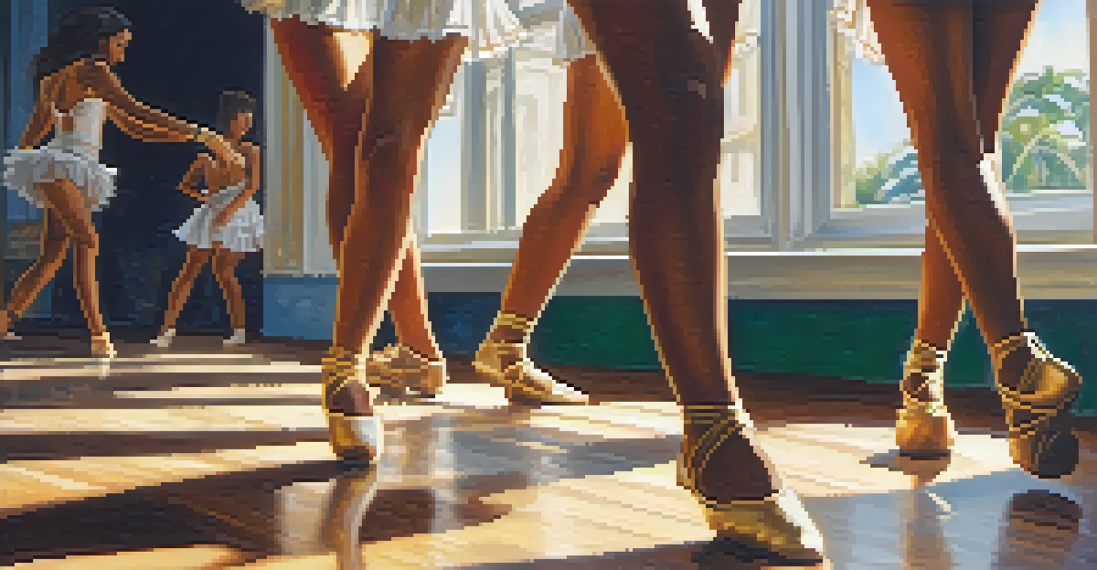 A close-up view of dancers practicing Samba, focusing on their footwork and movements in a well-lit studio.