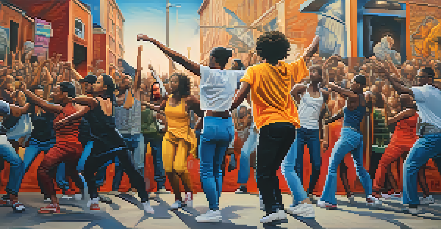 Dancers performing a choreographed protest dance in an urban area, with graffiti and streetlights creating a dramatic backdrop.