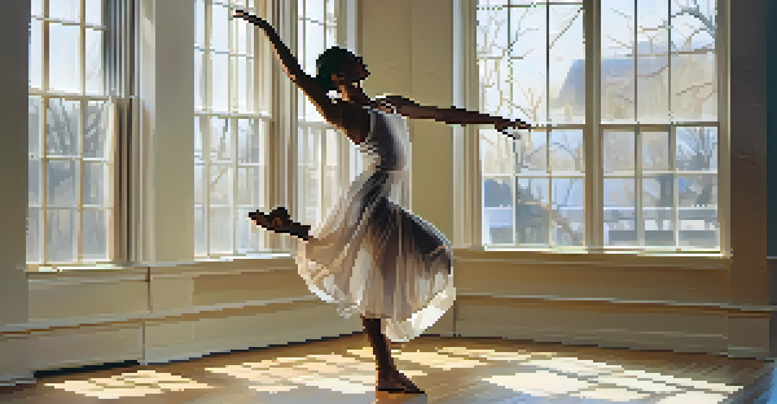 A contemporary dancer in a sunlit studio, captured in a fluid pose with soft shadows.