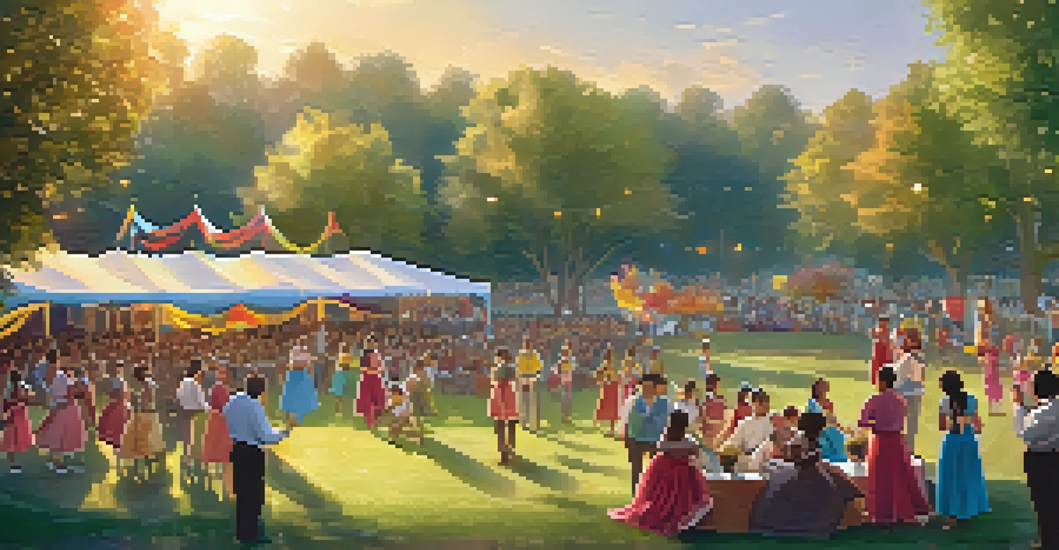 A vibrant outdoor community dance event in a park with families watching dancers perform folk dances as the sun sets.