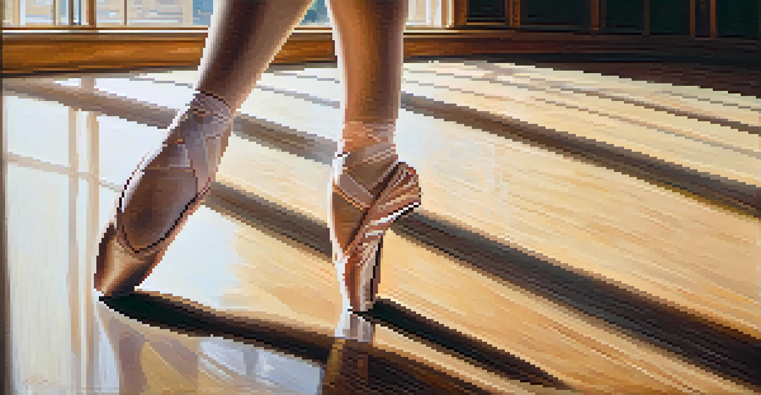 A close-up of a dancer's feet in ballet shoes on a polished wooden stage.