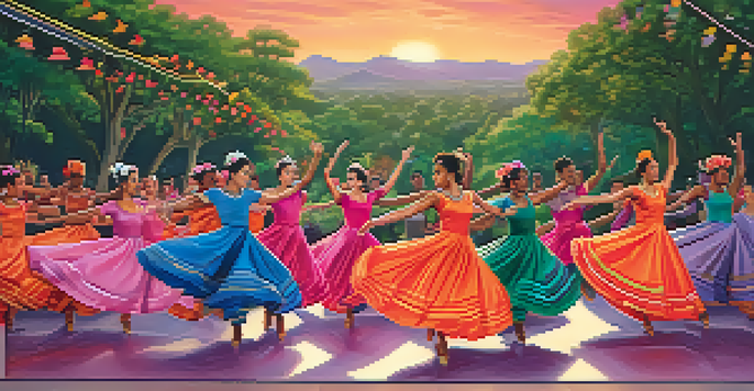 A group of dancers of various gender identities performing together in a colorful outdoor theater with a sunset backdrop.