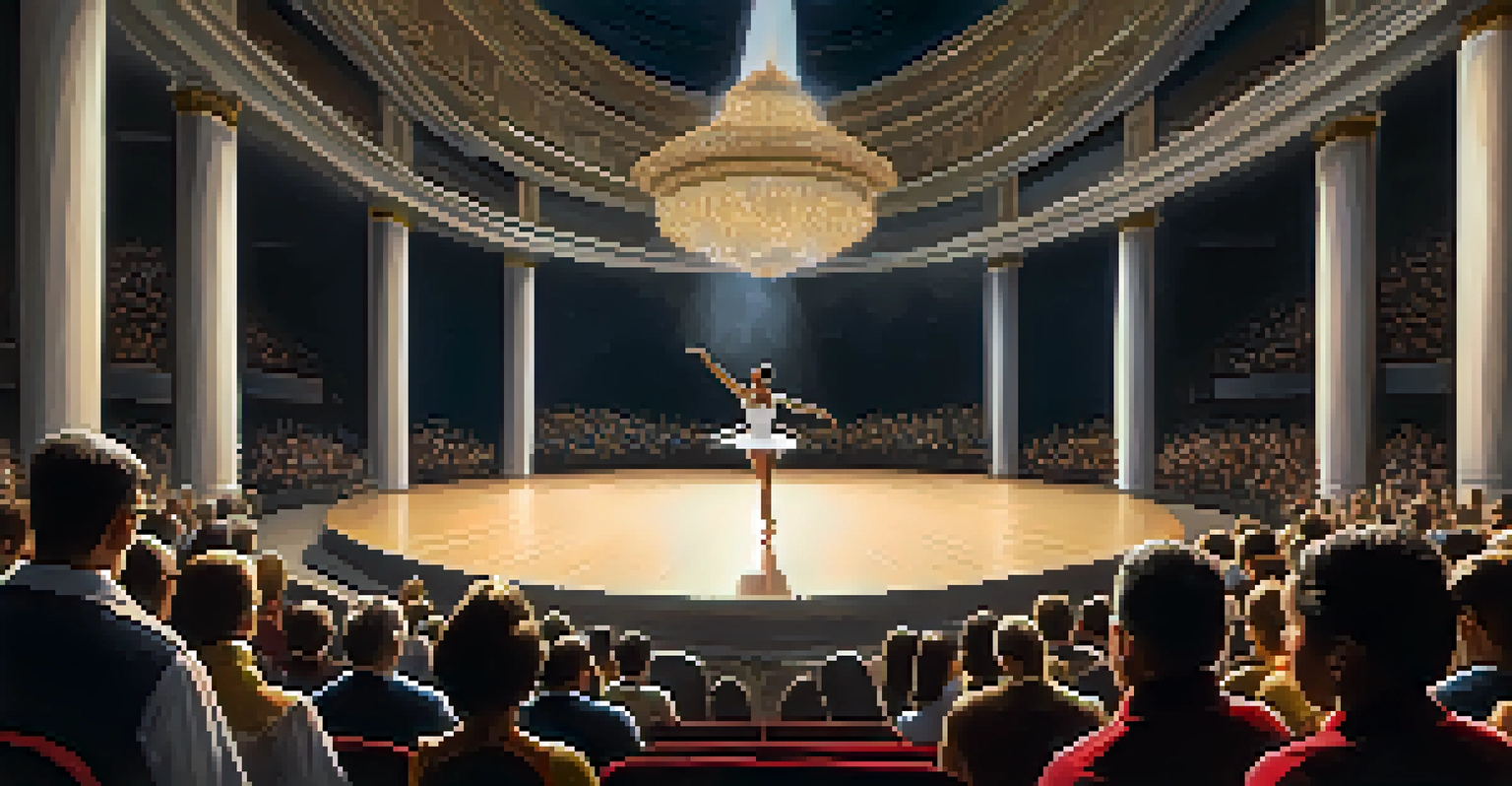 A grand national dance competition with a solo dancer in an elegant pose on a beautifully lit stage.