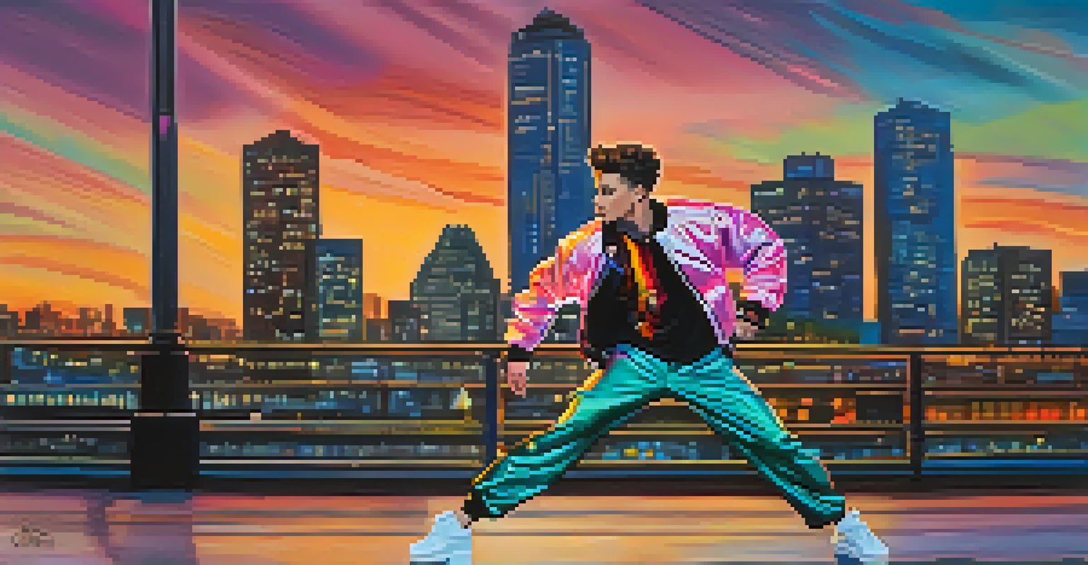 A dancer in a bomber jacket performing against a city skyline at dusk.