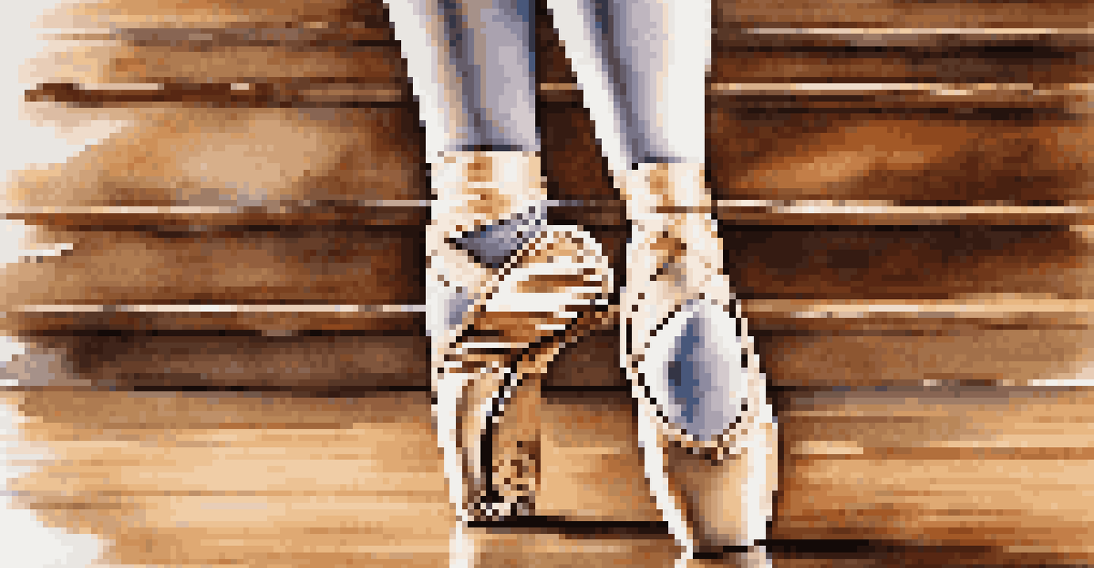 A close-up of a dancer's feet in ballet shoes in motion on a polished wooden stage, emphasizing the elegance and movement.