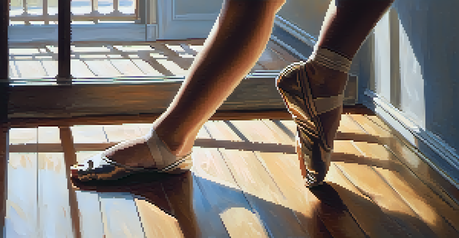A close-up view of a dancer's feet in motion on a wooden dance studio floor, with sunlight streaming in.