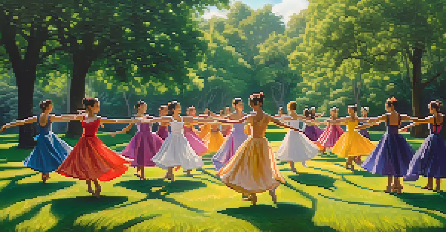 A group of dancers in a park, collaborating and expressing different emotions through their movements, surrounded by nature.