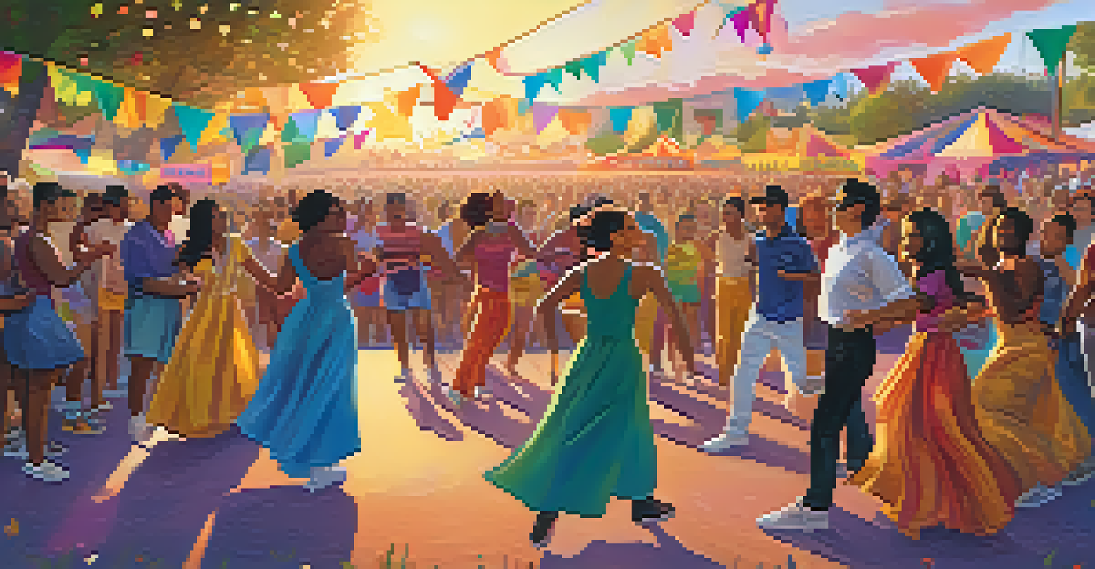 An outdoor dance festival featuring diverse dancers performing in a park, with colorful decorations and a sunset backdrop, celebrating community and inclusivity.