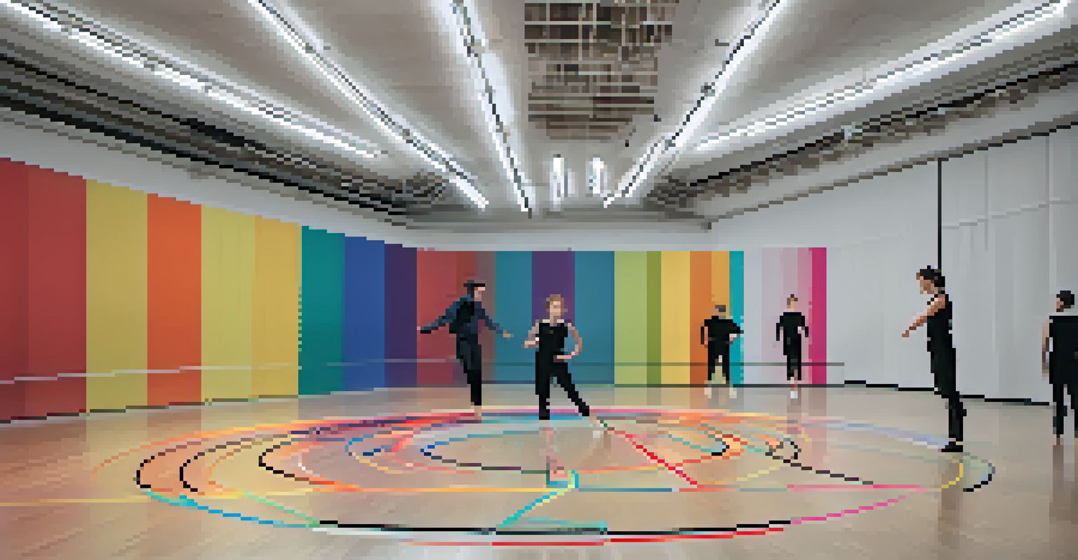 A choreographer analyzing a digital screen showing visualizations of a dancer's movements in a rehearsal studio.