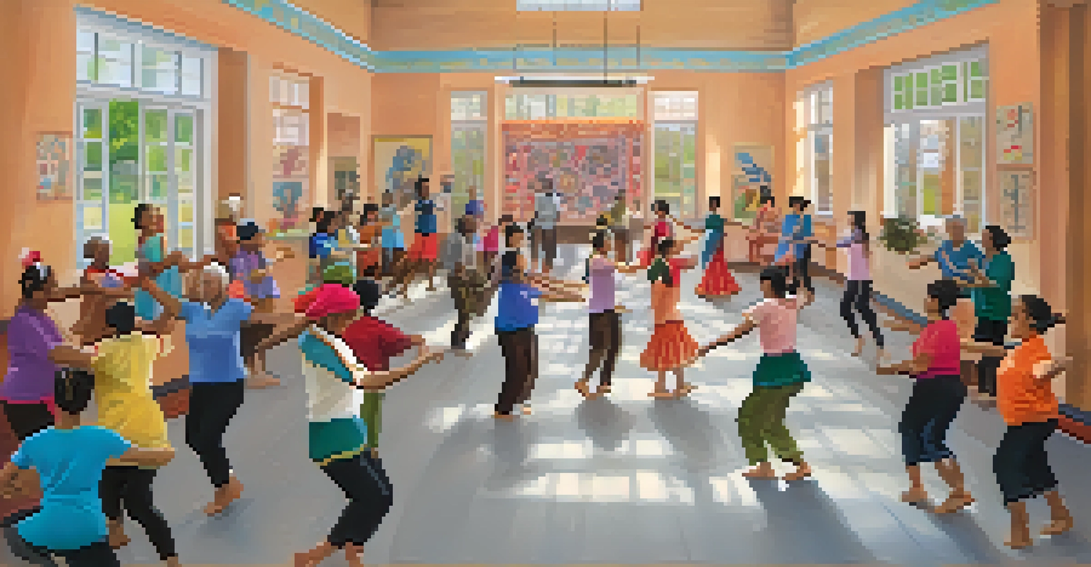 A community center folk dance workshop with diverse participants of all ages learning traditional dance steps.