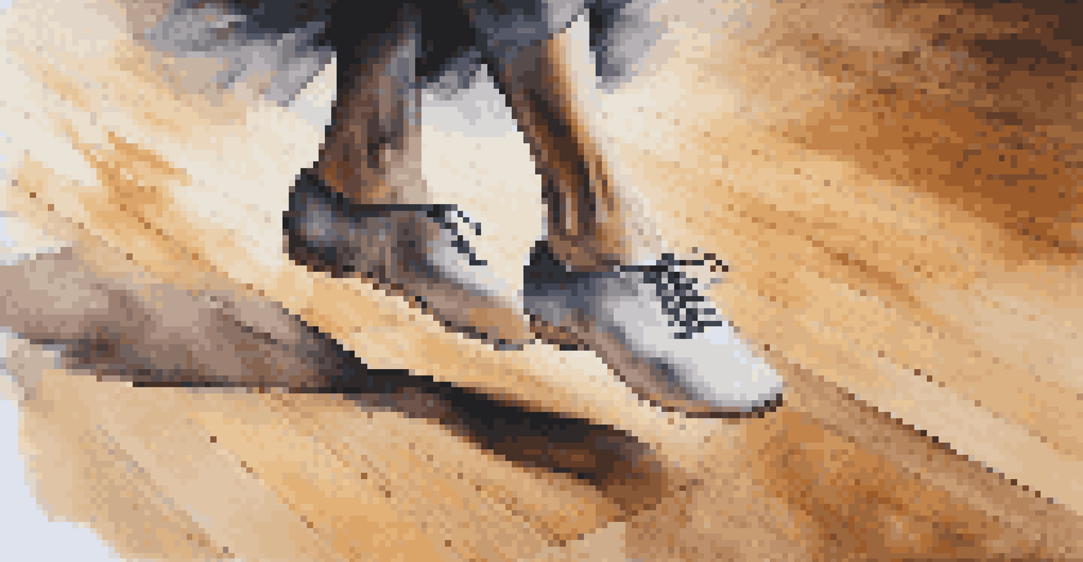 Close-up of a dancer's feet performing intricate footwork on a wooden dance floor with blurred motion and musical notes in the background.