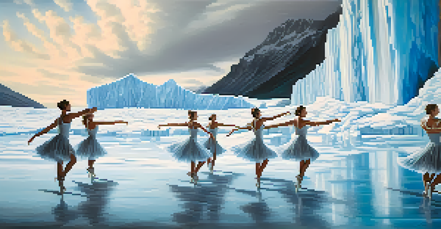 Dancers performing in front of a melting glacier, showcasing urgency through movement with a cool color palette.
