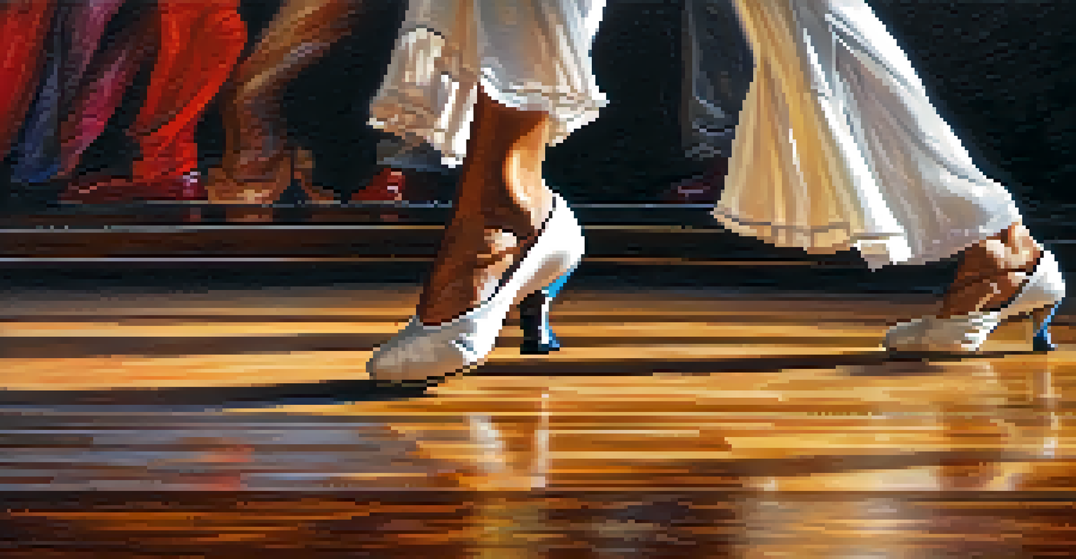 Close-up of a dancer's feet performing flamenco on a textured wooden dance floor.