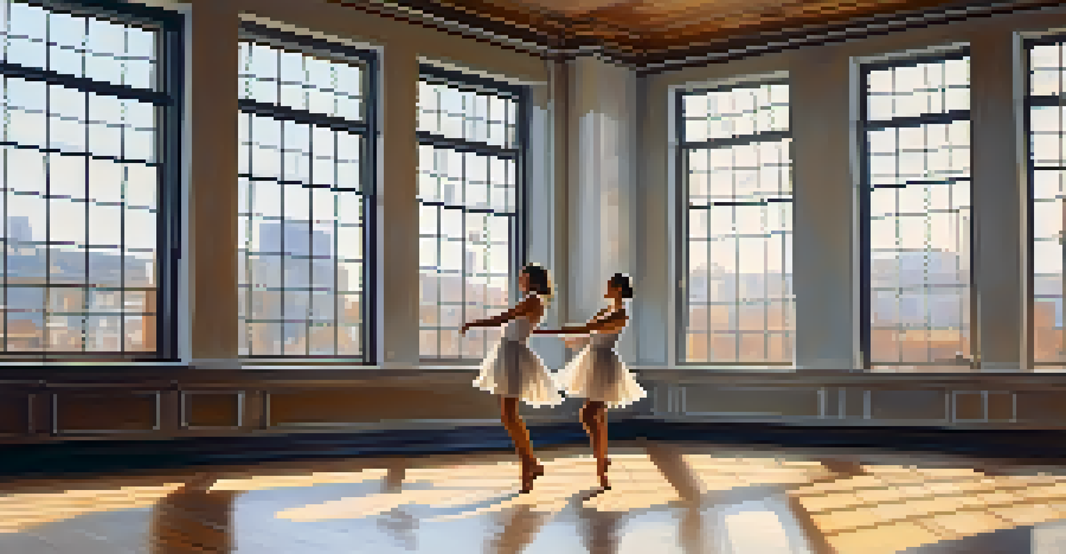 A contemporary dance duo performs a synchronized routine in a sunlit studio, showcasing fluid movements and emotional expressions.