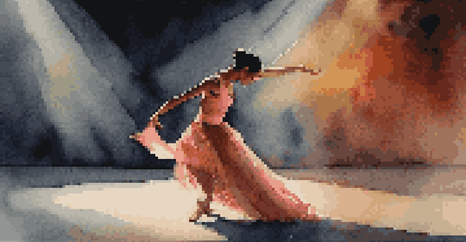 A solo dancer on stage under dramatic lighting, showcasing grace and strength in a vibrant costume.