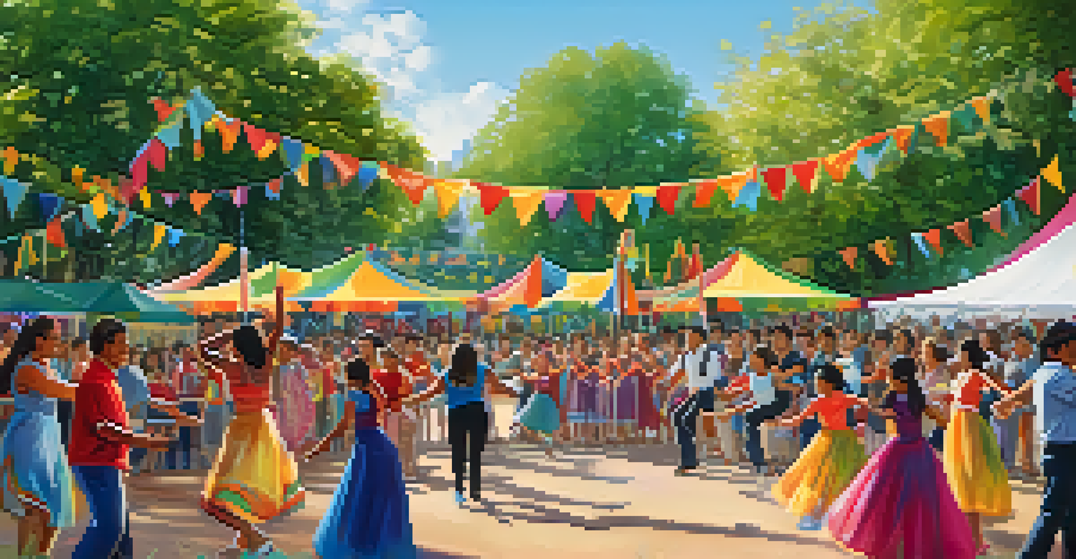 A lively community dance event in a park, with dancers of various backgrounds and ages performing amidst colorful banners and decorations.