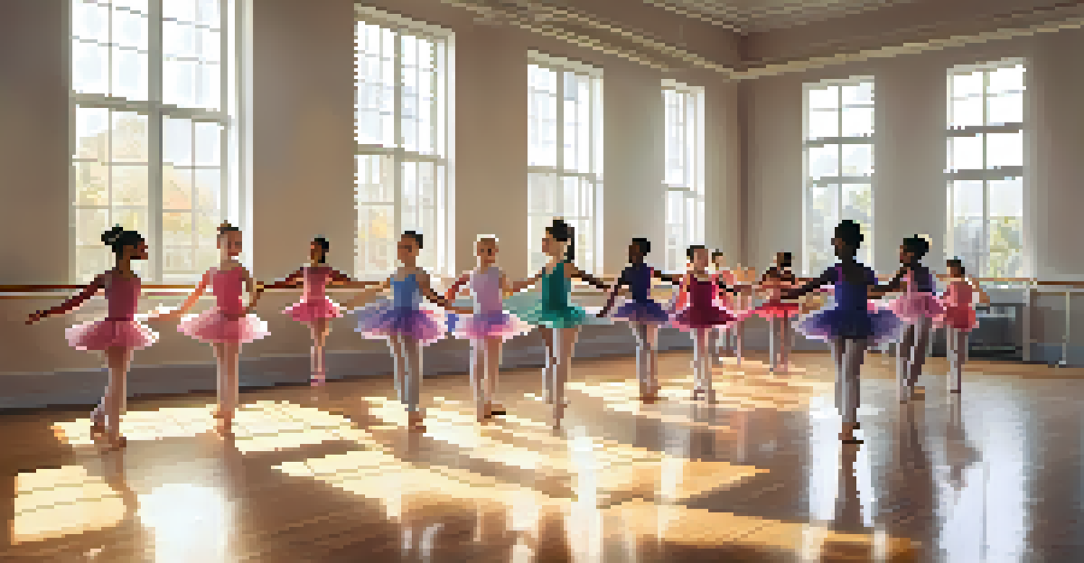 A lively dance studio with diverse children practicing ballet, illuminated by sunlight.