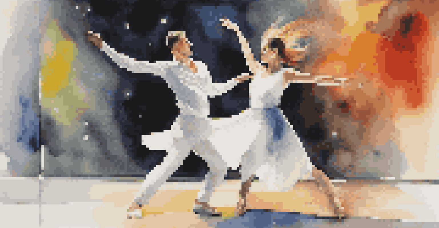 A male and female contemporary dancer in action, surrounded by colorful stage lights.