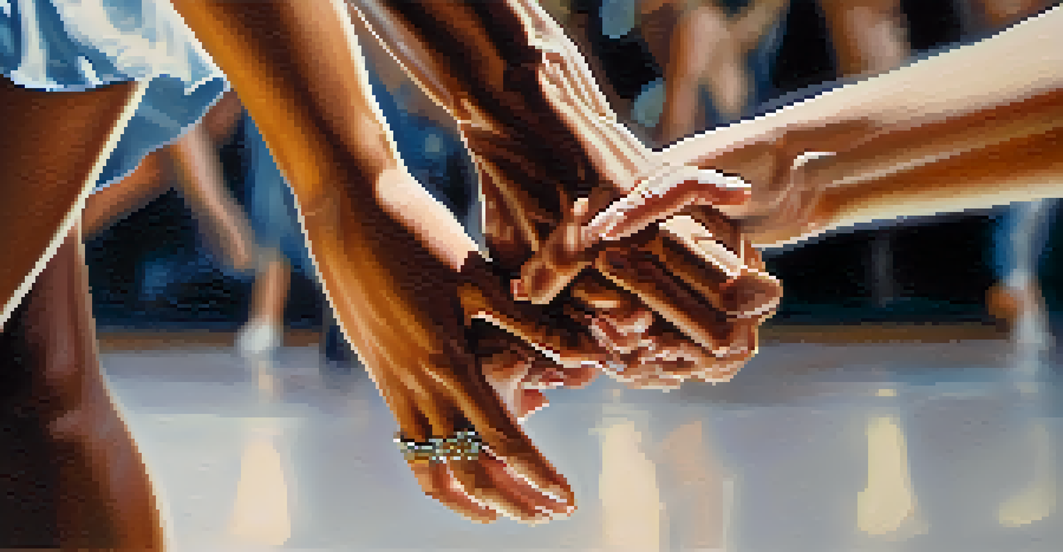 A close-up of two dancers' hands intertwined, symbolizing trust and connection in a dance routine.