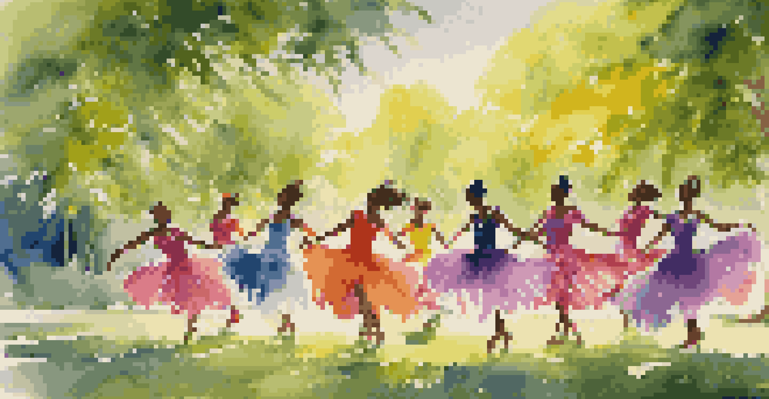 A group of dancers in colorful outfits performing in a green park, with sunlight filtering through the trees.
