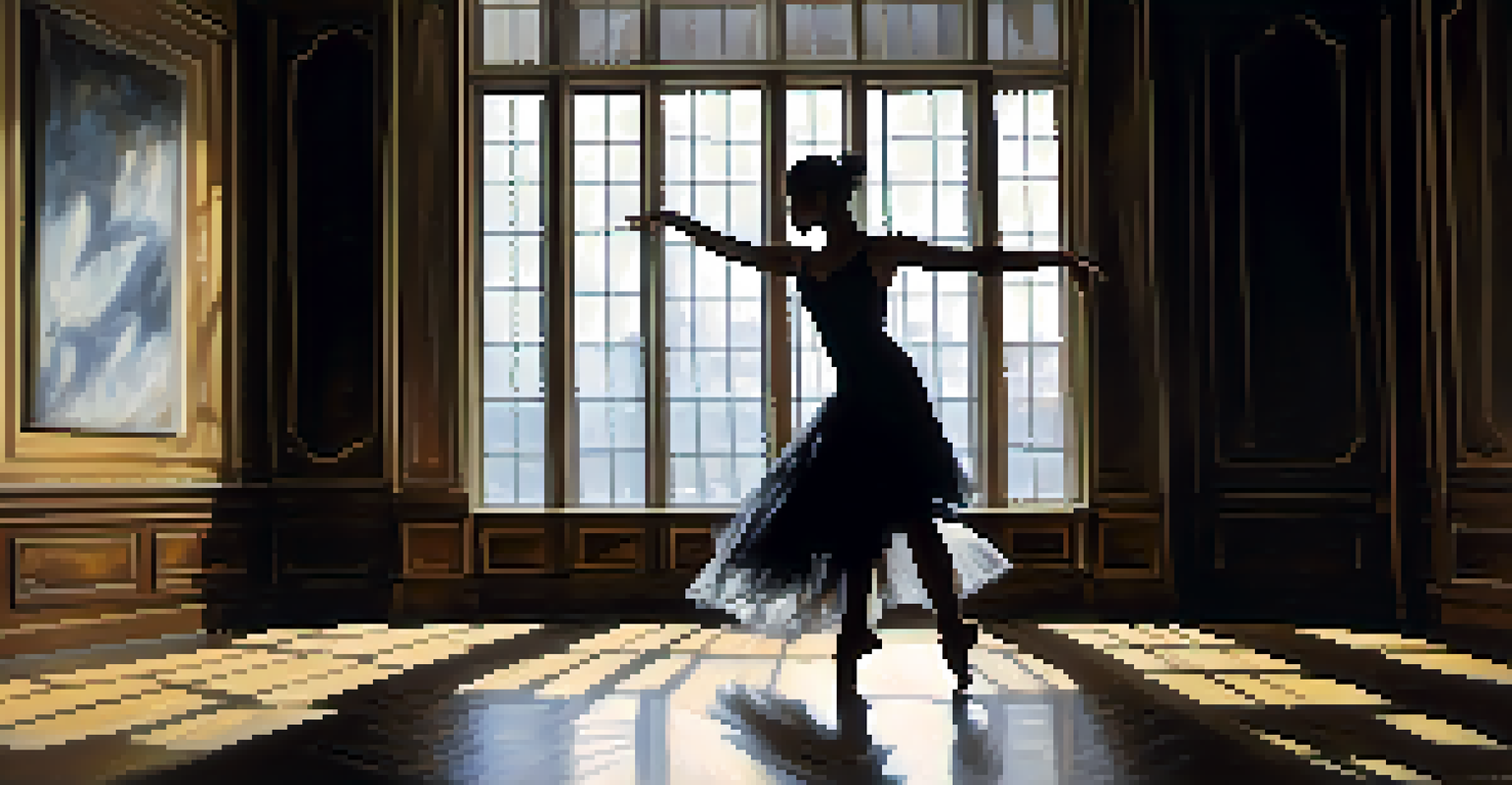 A solo dancer moving gracefully in a dimly lit room, with soft shadows creating a contemplative atmosphere.