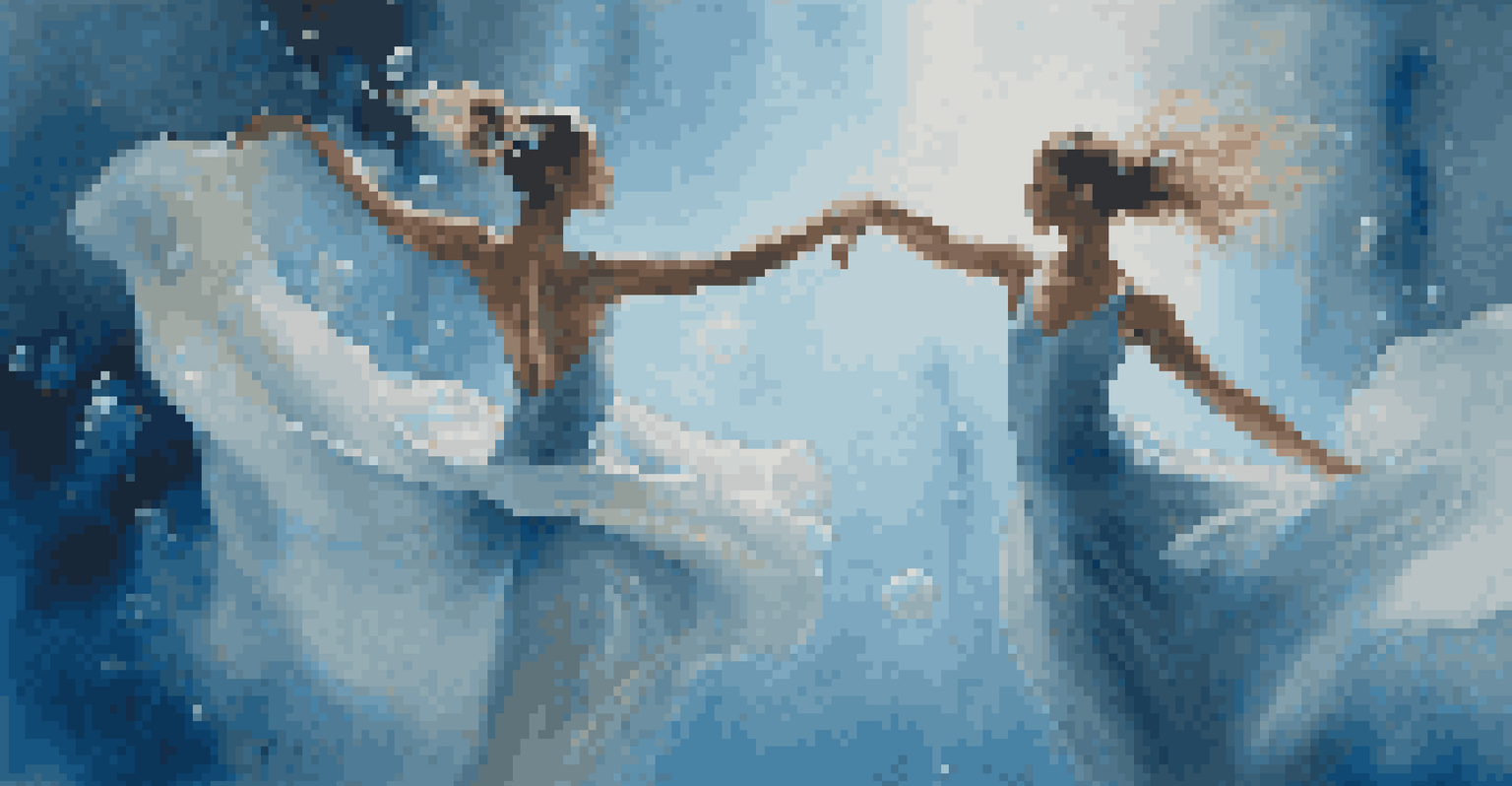 Two dancers gracefully performing an underwater duet, surrounded by bubbles and soft blue light, creating a serene and ethereal atmosphere.