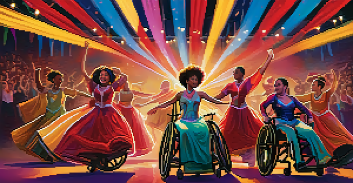 A diverse group of dancers, including a dancer in a wheelchair, performing together on stage at a lively dance competition. The audience is cheering, creating an atmosphere of support and celebration.