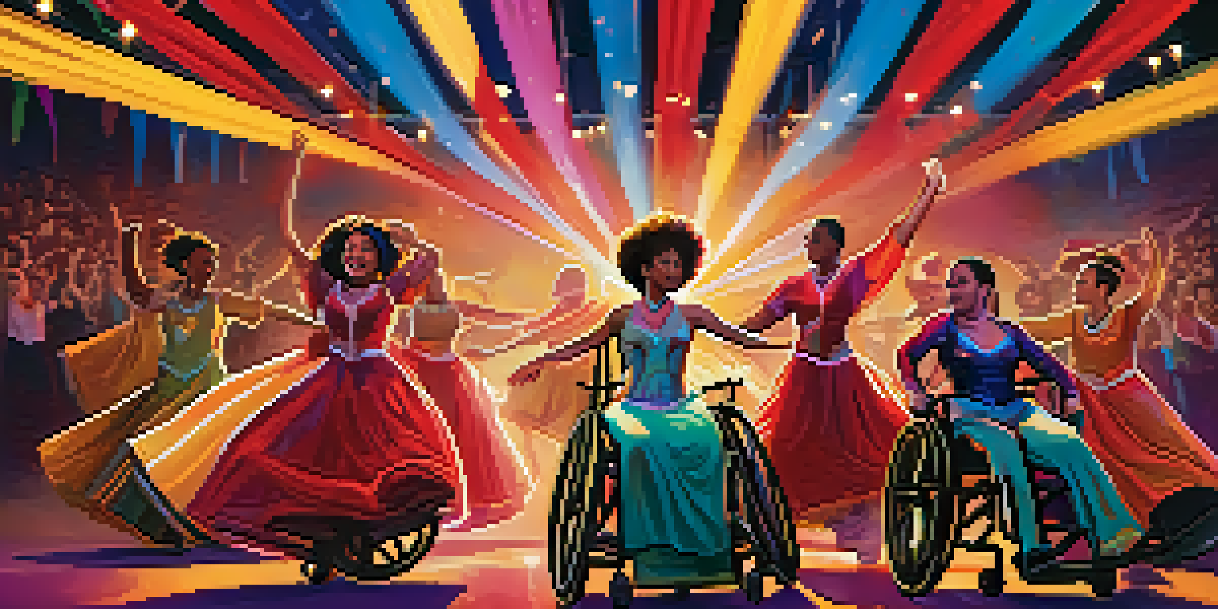 A diverse group of dancers, including a dancer in a wheelchair, performing together on stage at a lively dance competition. The audience is cheering, creating an atmosphere of support and celebration.