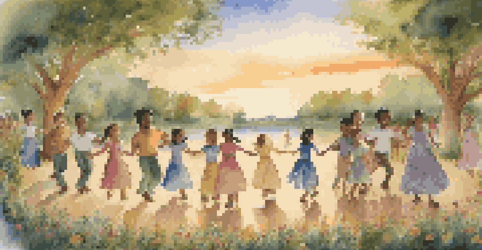 A joyful folk dance involving children and adults in a scenic outdoor setting during sunset, showcasing community spirit.