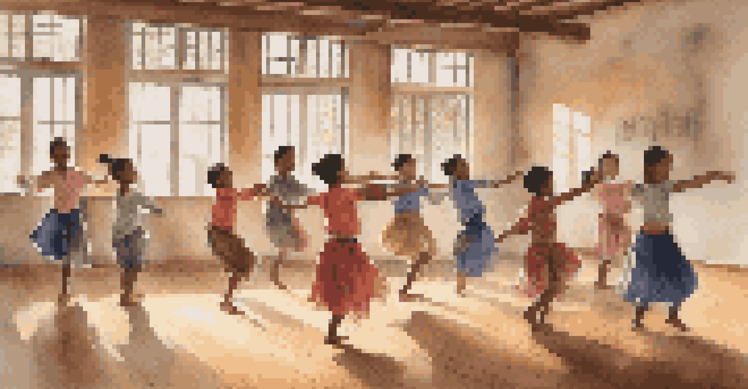 Children engaged in a dance workshop led by an instructor in traditional attire, practicing movements in a sunlit room with wooden flooring.
