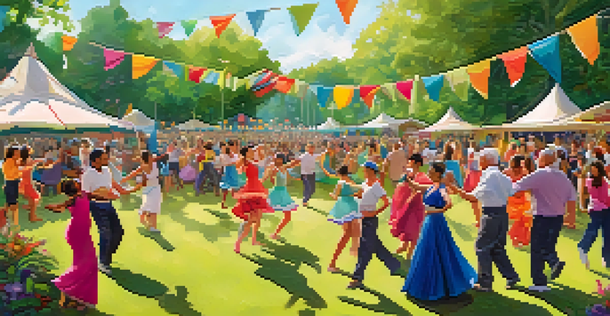 A lively dance festival with diverse participants dancing in an outdoor park, surrounded by colorful decorations and greenery.