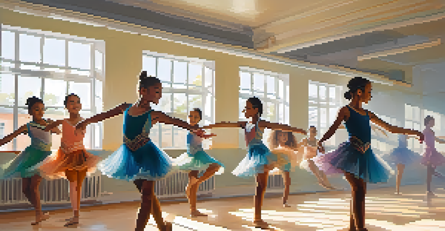 A diverse group of young dancers practicing a fusion dance style in a bright studio, showcasing collaboration and joy in movement.